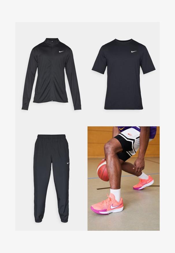 Chaqueta atlética negra con mangas largas, collar y cremallera completa. Presenta un sutil logo de Nike en blanco en la parte superior izquierda del pecho. Textura suave.; Camiseta negra de manga corta de Nike hecha de tela suave, con un logo de swoosh blanco en la parte superior izquierda y cuello cuadrado.; Pantalones deportivos negros hechos de tela ligera con una cinturilla elástica, puños en los tobillos y un discreto logo de Nike en el lado izquierdo.; Zapatillas de baloncesto Nike en un vibrante rosa y púrpura con detalles de malla, con un logo blanco y suelas texturizadas, sobre una cancha de madera.