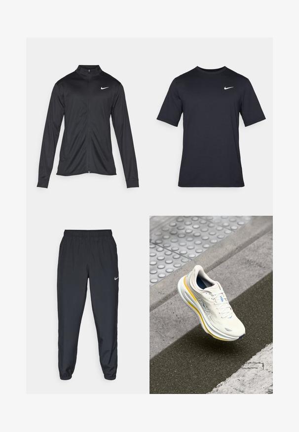 Giacca sportiva nera con maniche lunghe, colletto e zip completa. Presenta un logo Nike in bianco sulla parte superiore del lato sinistro del petto. Tessuto morbido.; T-shirt Nike nera a maniche corte realizzata in tessuto morbido, con il logo bianco dello swoosh nella parte superiore sinistra, colletto girocollo.; Pantaloni da jogging neri realizzati in tessuto leggero con cintura elastica, polsini alla caviglia e un logo Nike discreto sul lato sinistro.; Sneaker HOKA bianco e giallo sospeso sopra un marciapiede testurizzato e un cordolo stradale vicino a un attraversamento pedonale.