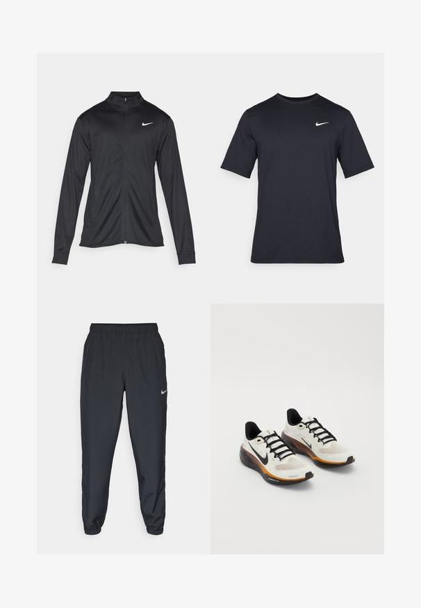 Black athletic jacket with long sleeves, collar, and full zipper. Features a subtle Nike logo in white on the upper left chest. Smooth texture.; Black short-sleeve Nike t-shirt made of smooth fabric, featuring a white swoosh logo on the upper left side, crew neckline.; Black track pants made from lightweight fabric with an elastic waistband, ankle cuffs, and a discreet Nike logo on the left side.; Nike running shoes featuring a white mesh upper, black laces, orange and black sole with speckled detailing, and breathable design.
