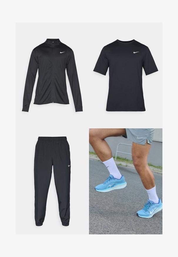 Chaqueta atlética negra con mangas largas, collar y cremallera completa. Presenta un sutil logo de Nike en blanco en la parte superior izquierda del pecho. Textura suave.; Camiseta negra de manga corta de Nike hecha de tela suave, con un logo de swoosh blanco en la parte superior izquierda y cuello cuadrado.; Pantalones deportivos negros hechos de tela ligera con una cinturilla elástica, puños en los tobillos y un discreto logo de Nike en el lado izquierdo.; Zapatillas de correr de color azul claro con una parte superior de malla, logo Swoosh blanco, suela gruesa blanca, combinadas con calcetines blancos, sobre un fondo de pavimento.
