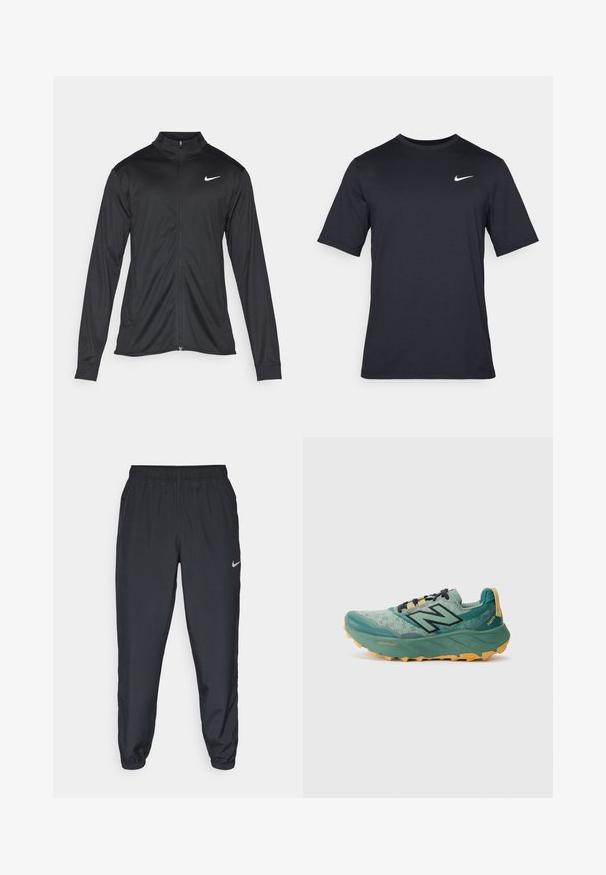 Veste de sport noire à manches longues, avec col et fermeture éclair intégrale. Présente un logo Nike subtil en blanc sur le côté supérieur gauche de la poitrine. Texture lisse.; T-shirt noir à manches courtes Nike en tissu lisse, arborant un logo swoosh blanc sur le côté supérieur gauche, col rond.; Pantalon de jogging noir en tissu léger avec une ceinture élastique, des poignets aux chevilles et un logo Nike discret sur le côté gauche.; Chaussure de trail running verte avec une tige en mesh, des lacets noirs et une semelle extérieure jaune épaisse. Présente les marques "Fresh Foam" et "Vibram".