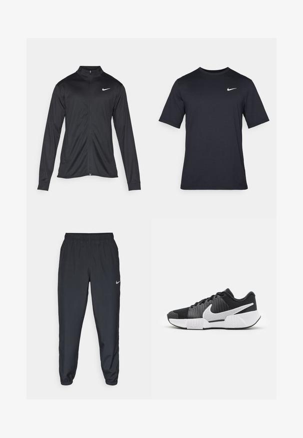 Musta urheilutakki pitkillä hihoilla, kauluksella ja kokonaisella vetoketjulla. Täydentää hienovarainen Nike-logo valkoisena vasemmassa ylärinnassa. Litteä pinta.; Mustan lyhythihainen Nike-t-paita, joka on valmistettu sileästä kankaasta ja jossa on valkoinen swoosh-logo vasemmassa yläkulmassa, pyöreä kaula-aukko.; Mustat juoksuhousut, jotka on valmistettu kevyestä kankaasta, jossa on joustava vyötärö, nilkkasuut ja huomaamaton Nike-logo vasemmalla puolella.; Mustat urheilukengät, joissa on tekstuuri päällä, valkoinen swoosh-logo, pehmustettu kanta ja kontrastivalkoinen pohja, jossa on sahalaitakuviota.