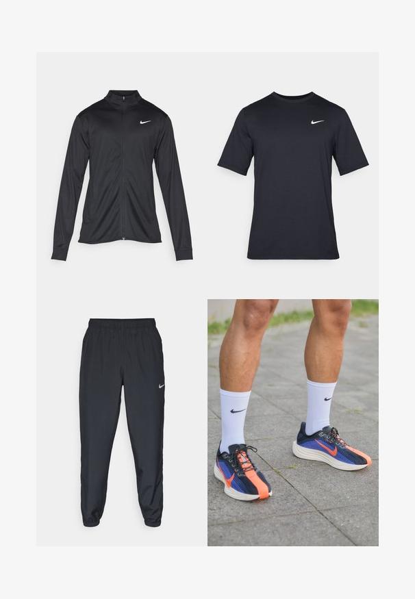 Veste de sport noire à manches longues, avec col et fermeture éclair intégrale. Présente un logo Nike subtil en blanc sur le côté supérieur gauche de la poitrine. Texture lisse.; T-shirt noir à manches courtes Nike en tissu lisse, arborant un logo swoosh blanc sur le côté supérieur gauche, col rond.; Pantalon de jogging noir en tissu léger avec une ceinture élastique, des poignets aux chevilles et un logo Nike discret sur le côté gauche.; Des chaussures de course Nike en bleu marine avec des accents orange. Tige en mesh pour la respirabilité, épaisse semelle blanche et lacets noirs. Portées avec des chaussettes blanches.