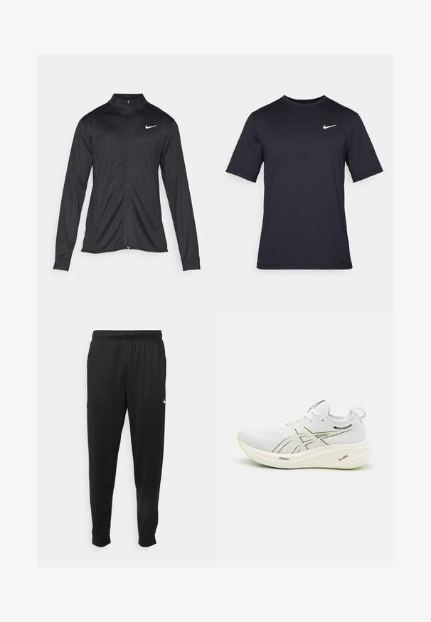 Giacca sportiva nera con maniche lunghe, colletto e zip completa. Presenta un logo Nike in bianco sulla parte superiore del lato sinistro del petto. Tessuto morbido.; T-shirt Nike nera a maniche corte realizzata in tessuto morbido, con il logo bianco dello swoosh nella parte superiore sinistra, colletto girocollo.; Pantaloni sportivi neri realizzati in tessuto liscio, con una vita elastica, gambe affusolate e un piccolo logo bianco sul lato sinistro.; ASICS GEL-NIMBUS 26 - Scarpe da corsa su strada - white/birch
