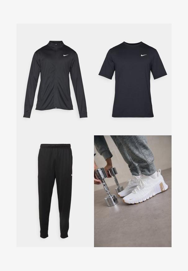 Fekete sportdzseki hosszú ujjal, gallérral és teljes cipzárral. Diszkrét fehér Nike logóval az upper bal mellen. Sima textúra.; Fekete, rövid ujjú Nike póló sima anyagból, fehér swoosh logóval a bal felső oldalon, kerek nyakkivágással.; Fekete sportos nadrág sima anyagból, rugalmas derékkal, szűkülő lábakkal és egy kis fehér logóval a bal oldalon.; Fehér sportcipők texturált felsőrésszel, lapos gumitalppal és világosbarna részletekkel. Ezüst súlyzók az előtérben. Szürke sportnadrág látható.