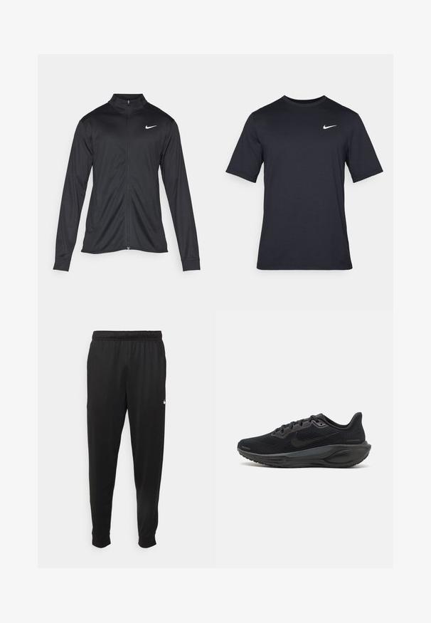Jachetă sportivă neagră cu mâneci lungi, guler și fermoar complet. Prezintă un logo Nike subtil, alb, pe pieptul din stânga sus. Textură netedă.; Tricou Nike negru cu mânecă scurtă, confecționat dintr-un material neted, având un logo alb în formă de swoosh pe partea stângă sus, cu guler rotund.; Pantaloni sportivi negri dintr-o țesătură netedă, cu un elastic la brâu, picioare conice și un mic logo alb pe partea stângă.; Pantof black de sport cu un superior din plasă și eyelet-uri întărite, având o talpă căptușită, un design elegant și accente minime.
