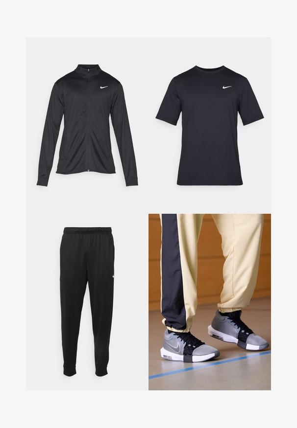 Melna sporta jaka ar garām piedurknēm, apkakli un pilnu rāvējslēdzēju. Uz kreisā krūts augšdaļas ir maigs Nike logo baltā krāsā. Gluda tekstūra.; Melnas īsām piedurknēm Nike t-krekls, izgatavots no gludas auduma, ar baltu swoosh logotipu augšējā kreisajā pusē, apaļu kakla izgriezumu.; Melnas sporta bikses, kas izgatavotas no gludas auduma, ar elastīgu jostu, sašaurinošām kājām un mazu balto logo kreisajā pusē.; Pelēki un melni sporta apavi ar sieta un tekstila materiāliem, ar baltu zoli un saites dizainu, valkāti kopā ar dzeltenām un melnām biksēm.
