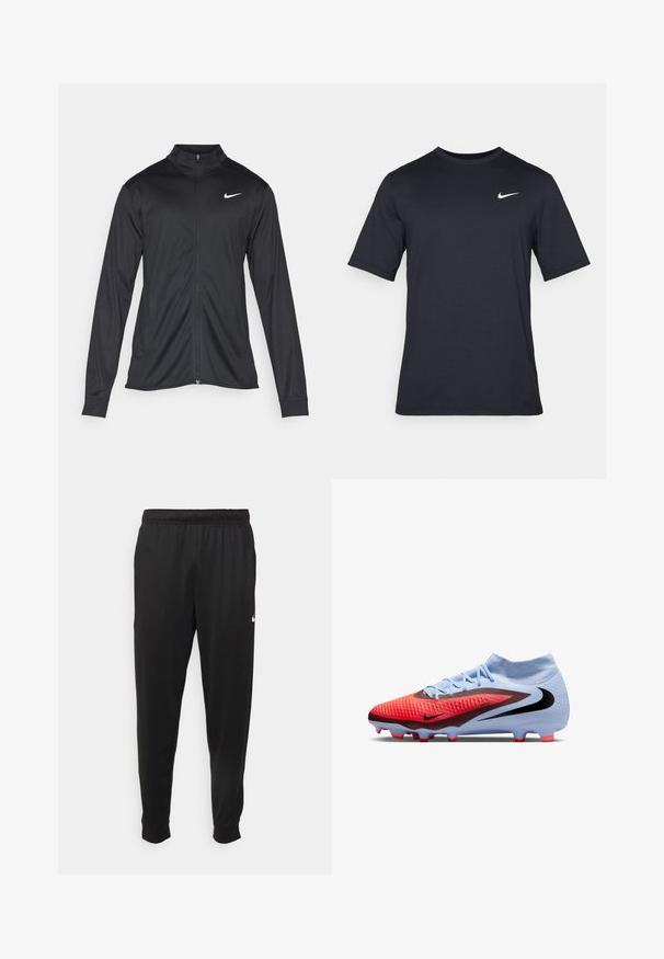 Must värvi sportlik jakk pikkade varrukatega, krae ja täispikk tõmblukk. Ülemises vasakus rinnas on diskreetne valge Nike logo. Sile tekstuur.; Must tume musta Nike t-särk, mis on valmistatud siledast kangast, valge swoosh logo vasakul ülanurgas, ümar kaelus.; Mustad mustekad athletic-püksid sujuvast kangast, elastse vöökoha, kitsenevate jalgade ja väikese valge logoga vasakul küljel.; Hele-sinine ja punane Nike jalgpallijalats musta swooshiga, tekstuuriga pealne, sokitaoline pahkluu krae ning punaste-tipudega vormitud nupud.