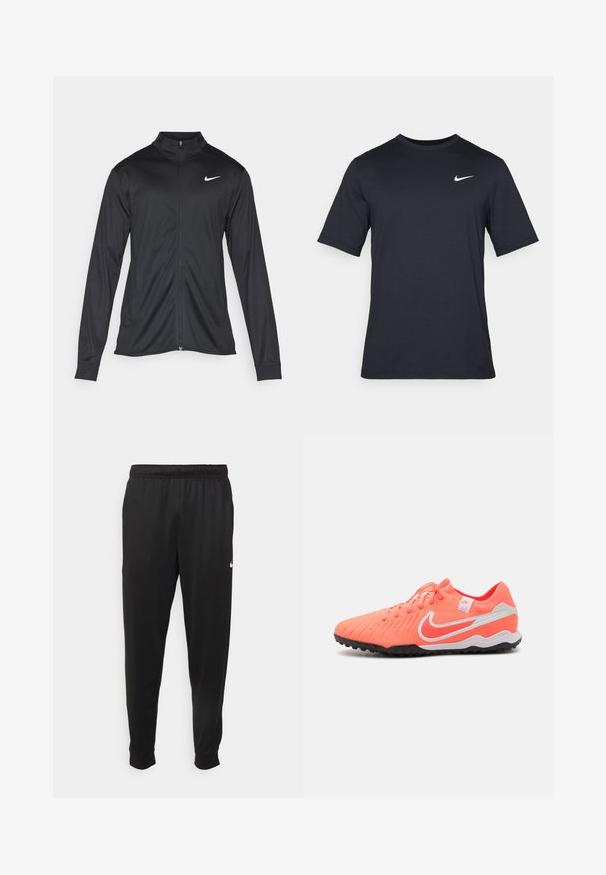 Czarna sportowa kurtka z długimi rękawami, kołnierzem i pełnym zamkiem. Posiada subtelne logo Nike w białym kolorze na lewej górnej części klatki piersiowej. Gładka tekstura.; Czarna koszulka Nike z krótkim rękawem wykonana z gładkiego materiału, z białym logo swoosh na górnej lewej stronie, okrągły dekolt.; Czarne sportowe spodnie wykonane z gładkiego materiału, z elastycznym pasem, zwężanymi nogawkami i małym białym logo po lewej stronie.; Buty piłkarskie Nike, jaskrawy róż z białymi akcentami, teksturowana cholewka, standardowe sznurowanie oraz czarna gumowa podeszwa dla lepszej przyczepności.