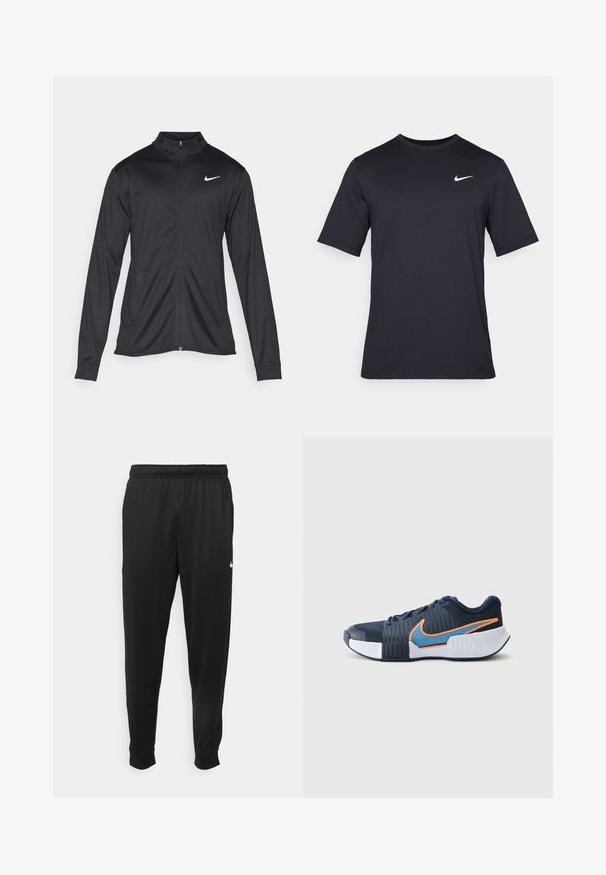 Musta urheilutakki pitkillä hihoilla, kauluksella ja kokonaisella vetoketjulla. Täydentää hienovarainen Nike-logo valkoisena vasemmassa ylärinnassa. Litteä pinta.; Mustan lyhythihainen Nike-t-paita, joka on valmistettu sileästä kankaasta ja jossa on valkoinen swoosh-logo vasemmassa yläkulmassa, pyöreä kaula-aukko.; Mustat urheiluhousut, jotka on valmistettu sileästä kankaasta. Niissä on joustava vyötärö, kapenevat lahkeet ja pieni valkoinen logo vasemmalla puolella.; Urheilusandaalit, joissa on tummansininen verkkokangas ja synteettinen päällinen, oransseja ja sinisiä yksityiskohtia, tekstuuriset sivut ja valkoinen kumipohja.