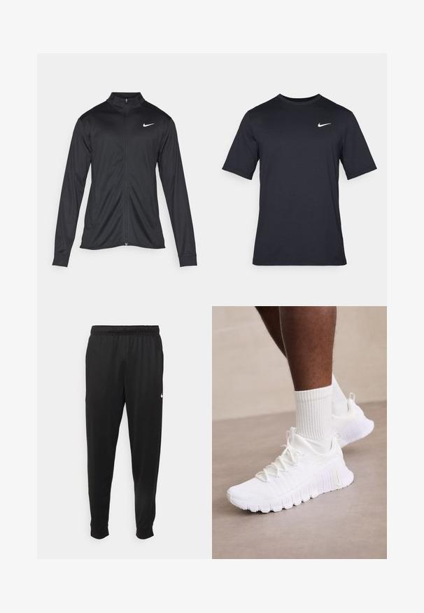 Black athletic jacket with long sleeves, collar, and full zipper. Features a subtle Nike logo in white on the upper left chest. Smooth texture.; Black short-sleeve Nike t-shirt made of smooth fabric, featuring a white swoosh logo on the upper left side, crew neckline.; Black athletic pants made of smooth fabric, featuring an elastic waistband, tapered legs, and a small white logo on the left side.; White athletic shoes with a textured upper, padded collar, and flexible sole; complemented by white ribbed socks.