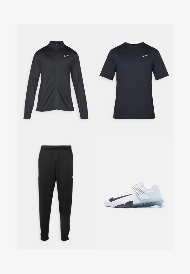 Black athletic jacket with long sleeves, collar, and full zipper. Features a subtle Nike logo in white on the upper left chest. Smooth texture.; Black short-sleeve Nike t-shirt made of smooth fabric, featuring a white swoosh logo on the upper left side, crew neckline.; Black athletic pants made of smooth fabric, featuring an elastic waistband, tapered legs, and a small white logo on the left side.; White athletic shoe with black Nike swoosh, mesh upper, three black stripes, and a gradient blue to clear sole. Features reinforced accents.