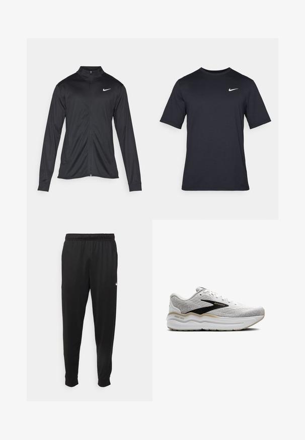 Črna atletska jakna z dolgimi rokavi, ovratnikom in polnim zadrgo. Vključuje diskreten bel Nike logotip na zgornjem levem delu prsnega koša. Gladka tekstura.; Črna kratkotrajna majica Nike iz gladkega materiala, z belim logotipom Swoosh na zgornji levi strani, okrogel izrez.; Črne športne hlače iz gladkega materiala, z elastičnim pasom, zoženimi hlačnicami in majhnim belim logotipom na levi strani.; Bele športne čevlje z belimi akcenti, mrežastim zgornjim delom, oblazinjenim srednjim podplatom in črno blagovno znamko. Imajo zaobljen nos in teksturirane detajle.