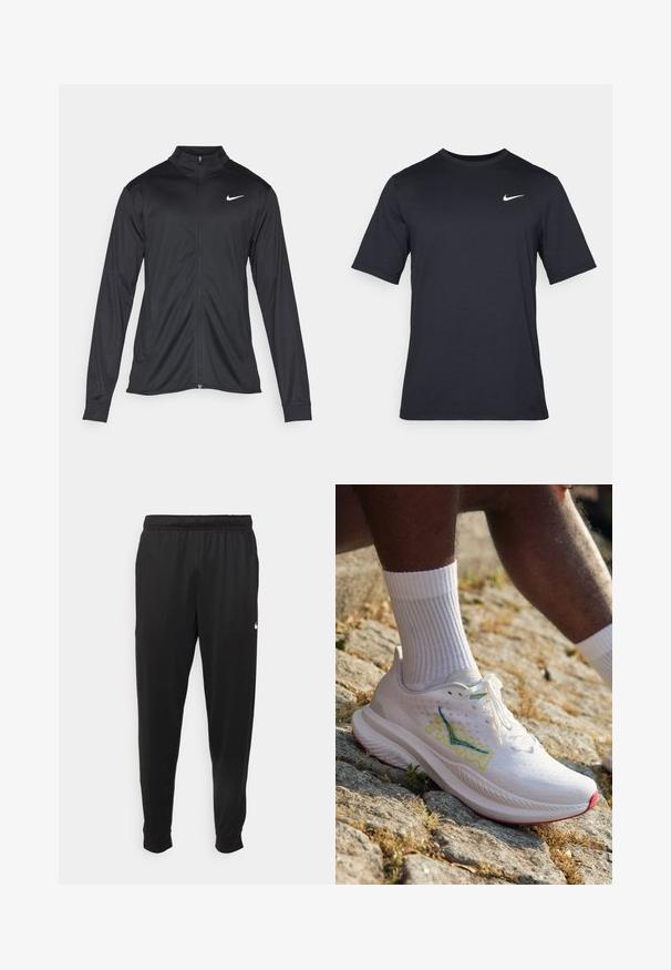 Veste de sport noire à manches longues, avec col et fermeture éclair intégrale. Présente un logo Nike subtil en blanc sur le côté supérieur gauche de la poitrine. Texture lisse.; T-shirt noir à manches courtes Nike en tissu lisse, arborant un logo swoosh blanc sur le côté supérieur gauche, col rond.; Pantalon de sport noir en tissu lisse, avec une taille élastique, des jambes fuselées et un petit logo blanc sur le côté gauche.; HOKA MACH 6 - Chaussures de running sur route - white/nimbus cloud