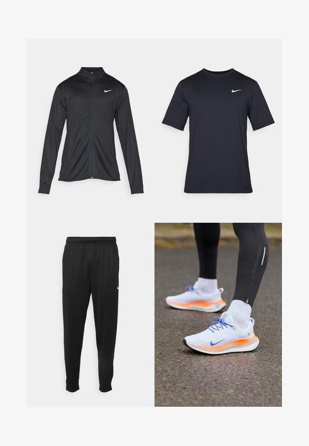 Zwarte sportjack met lange mouwen, kraag en volle rits. Voorzien van een subtiele Nike-logo in het wit op de bovenste linkerborst. Soepele textuur.; Zwart T-shirt met korte mouwen van Nike, gemaakt van gladde stof, met een wit swoosh-logo op de bovenlinkerzijde, ronde hals.; Zwarte sportbroek gemaakt van gladde stof, met een elastische tailleband, taps toelopende pijpen en een klein wit logo aan de linkerzijde.; Witte en oranje hardloopschoenen met blauwe veters, gedragen met witte sokken en zwarte leggings op een asfaltoppervlak.