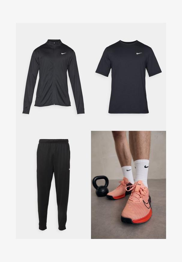 Zwarte sportjack met lange mouwen, kraag en volle rits. Voorzien van een subtiele Nike-logo in het wit op de bovenste linkerborst. Soepele textuur.; Zwart T-shirt met korte mouwen van Nike, gemaakt van gladde stof, met een wit swoosh-logo op de bovenlinkerzijde, ronde hals.; Zwarte sportbroek gemaakt van gladde stof, met een elastische tailleband, taps toelopende pijpen en een klein wit logo aan de linkerzijde.; Nike sport schoenen in roze gaas met zwarte accenten. Voorzien van dikke veters, gevoerde tong en gestructureerde zool. Witte sokken met logo. Zwarte kettlebell in de buurt.