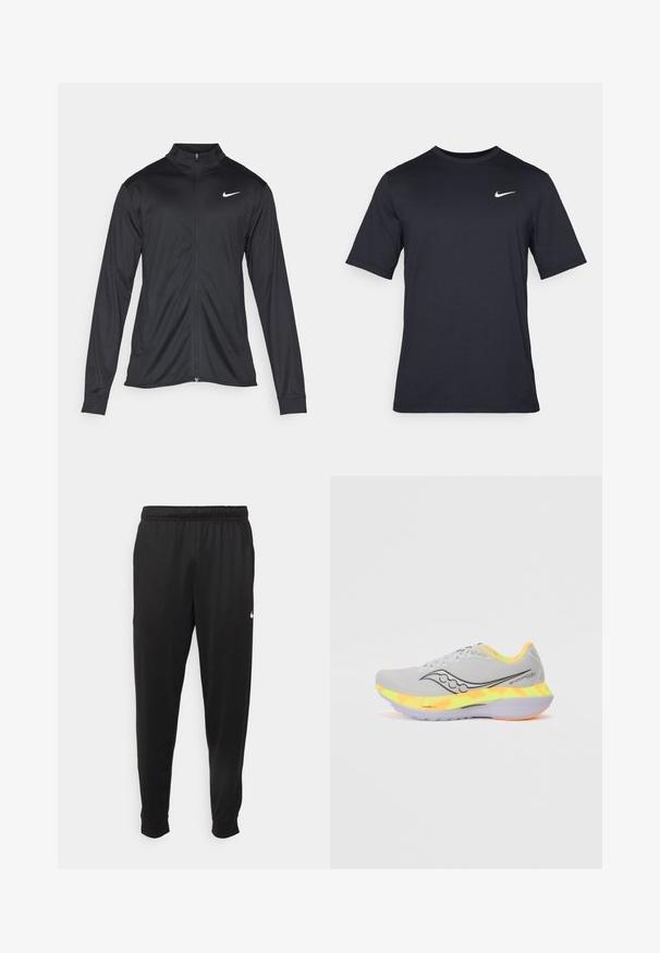 Melna sporta jaka ar garām piedurknēm, apkakli un pilnu rāvējslēdzēju. Uz kreisā krūts augšdaļas ir maigs Nike logo baltā krāsā. Gluda tekstūra.; Melnas īsām piedurknēm Nike t-krekls, izgatavots no gludas auduma, ar baltu swoosh logotipu augšējā kreisajā pusē, apaļu kakla izgriezumu.; Melnas sporta bikses, kas izgatavotas no gludas auduma, ar elastīgu jostu, sašaurinošām kājām un mazu balto logo kreisajā pusē.; Gaiši pelēki sporta apavi ar sietiņu augšdaļu, melnu logotipu un krāsainu gradientu starpzoli dzeltenā un oranžā krāsā. Gumijas zole labākai saķerei.