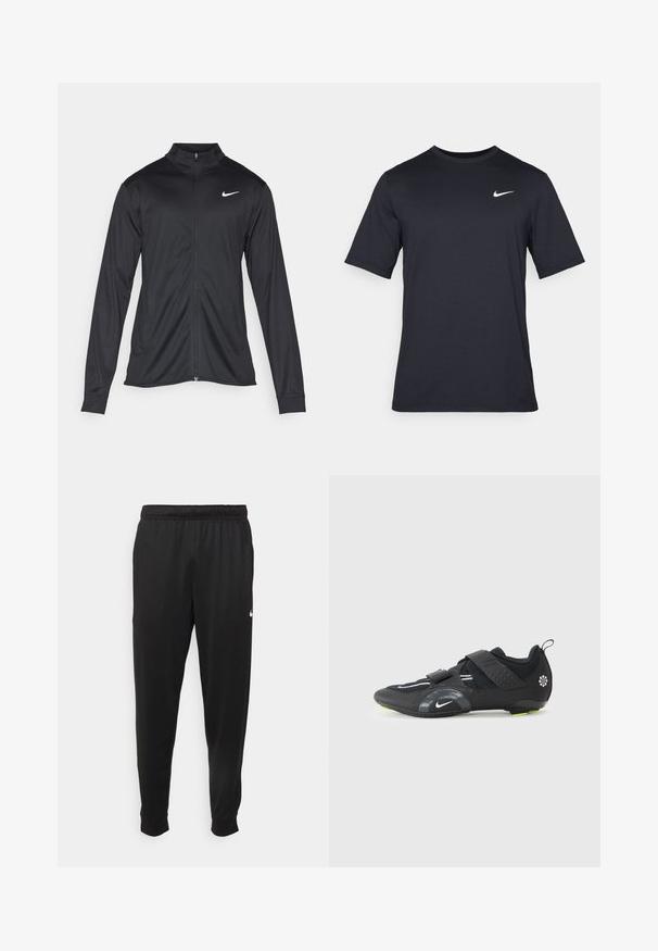 Melna sporta jaka ar garām piedurknēm, apkakli un pilnu rāvējslēdzēju. Uz kreisā krūts augšdaļas ir maigs Nike logo baltā krāsā. Gluda tekstūra.; Melnas īsām piedurknēm Nike t-krekls, izgatavots no gludas auduma, ar baltu swoosh logotipu augšējā kreisajā pusē, apaļu kakla izgriezumu.; Melnas sporta bikses, kas izgatavotas no gludas auduma, ar elastīgu jostu, sašaurinošām kājām un mazu balto logo kreisajā pusē.; Melna sporta kurpe ar režģa augšdaļu, divām regulējamām Velcro siksnām, atstarojošiem akcentiem un zaļiem zolei detaļām, lai nodrošinātu saķeri.