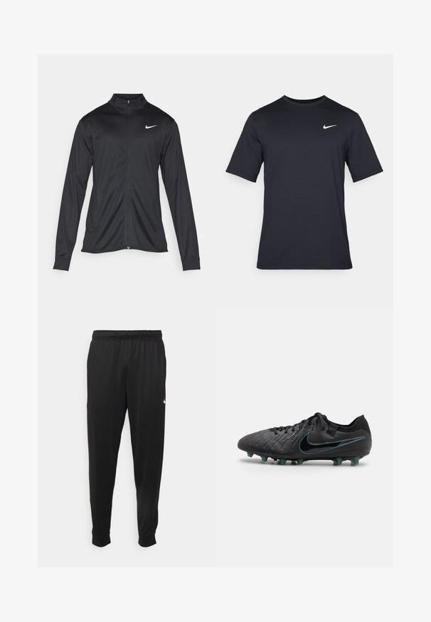 Melna sporta jaka ar garām piedurknēm, apkakli un pilnu rāvējslēdzēju. Uz kreisā krūts augšdaļas ir maigs Nike logo baltā krāsā. Gluda tekstūra.; Melnas īsām piedurknēm Nike t-krekls, izgatavots no gludas auduma, ar baltu swoosh logotipu augšējā kreisajā pusē, apaļu kakla izgriezumu.; Melnas sporta bikses, kas izgatavotas no gludas auduma, ar elastīgu jostu, sašaurinošām kājām un mazu balto logo kreisajā pusē.; Melni futbola zābaki ar teksturētu ādas augšdaļu, ar teātra Nike logotipu un piecām veidotām tapām tumšā zolei, kas nodrošina saķeri.