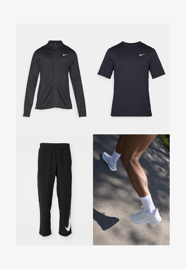 Must värvi sportlik jakk pikkade varrukatega, krae ja täispikk tõmblukk. Ülemises vasakus rinnas on diskreetne valge Nike logo. Sile tekstuur.; Must tume musta Nike t-särk, mis on valmistatud siledast kangast, valge swoosh logo vasakul ülanurgas, ümar kaelus.; Mustad mustad sportlikud püksid elastse vöökohtadega, kitseneva disainiga, millel on vasakul jalal suur valge Nike logo. Pehme, kerge kangas.; Valge spordijalats, millel on tekstuuriga pealis, paelad ja pehme tald, koos valgete pahkluustsukkadega, halli sillutise taustal.