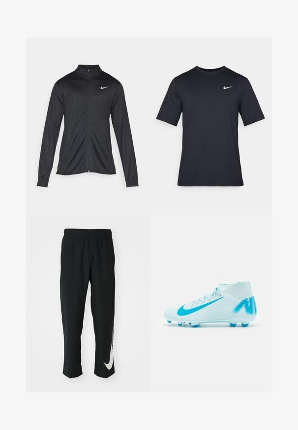 Chaqueta atlética negra con mangas largas, collar y cremallera completa. Presenta un sutil logo de Nike en blanco en la parte superior izquierda del pecho. Textura suave.; Camiseta negra de manga corta de Nike hecha de tela suave, con un logo de swoosh blanco en la parte superior izquierda y cuello cuadrado.; Pantalones deportivos negros con cinturilla elástica, diseño cónico, que presentan un gran logo blanco de Nike en la pierna izquierda. Tejido suave y ligero.; Botines de fútbol azul claro con una superficie texturizada, acentos azules vibrantes, diseño de caña alta y seis tacos moldeados para una mejor tracción.