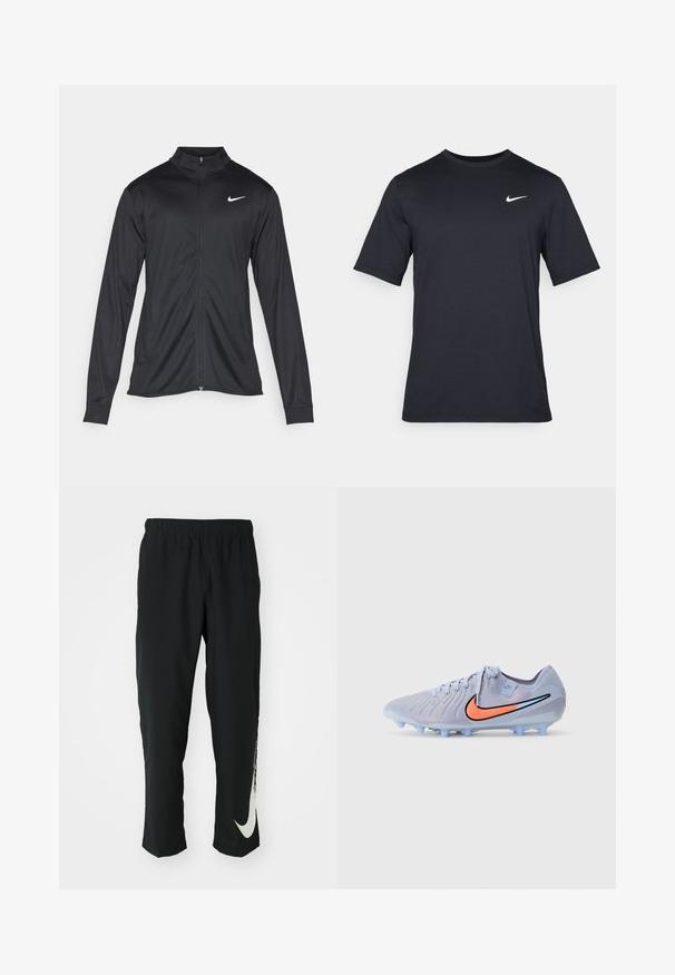 Svart idrettsjakke med lange ermer, krage og full glidelås. Har en subtil Nike-logo i hvitt på øvre venstre bryst. Glatt tekstur.; Svart kortermet Nike t-skjorte laget av glatt stoff, med en hvit swoosh-logo på øvre venstre side, rund hals.; Svarte treningbukser med elastisk midje, smalere design, med en stor hvit Nike-logo på venstre bein. Myk, lett stoff.; Lys blå fotballsko med teksturert overflate, svart og oransje Nike-sjekk, og gjennomskinnelige blå pigger for grep.