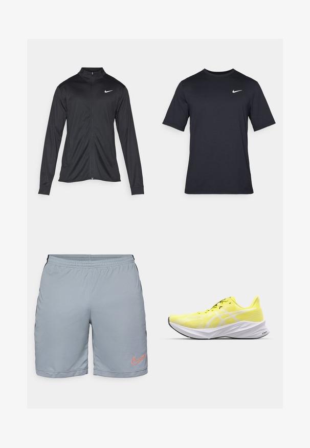 Chaqueta atlética negra con mangas largas, collar y cremallera completa. Presenta un sutil logo de Nike en blanco en la parte superior izquierda del pecho. Textura suave.; Camiseta negra de manga corta de Nike hecha de tela suave, con un logo de swoosh blanco en la parte superior izquierda y cuello cuadrado.; Pantalones cortos atléticos de color gris claro con paneles laterales negros, cinturilla elástica y un dobladillo de malla texturizada. Cuenta con un logo de Nike en color naranja en la pierna izquierda.; Zapatilla deportiva amarilla luminosa con parte superior de malla, acentos blancos, suela de espuma estructurada y silueta tapered para un mejor rendimiento.