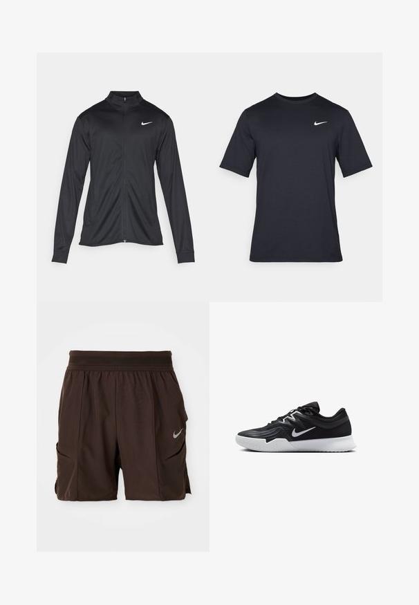 Must värvi sportlik jakk pikkade varrukatega, krae ja täispikk tõmblukk. Ülemises vasakus rinnas on diskreetne valge Nike logo. Sile tekstuur.; Must tume musta Nike t-särk, mis on valmistatud siledast kangast, valge swoosh logo vasakul ülanurgas, ümar kaelus.; Tumed pruunid sportlikud lühikesed püksid, elastse vöökujuga, küljetaskudega ja peegeldava Nike logoga paremal jalal.; Must mustad jalanikesad rikaste ülaservaga, valge Nike swoosh'i ja valge kummist välispõhjaga. Omab paeltega sulgemisdetaili ja dünaamilist kuju.