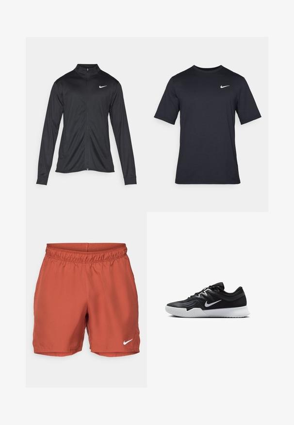 Černá sportovní bunda s dlouhými rukávy, límcem a plným zipem. Má decentní bílou logo značky Nike na horní levé části hrudi. Hladká textura.; Černé triko Nike s krátkým rukávem vyrobené z hladké látky, s bílým logem swoosh na horní levé straně, klasický kulatý výstřih.; Červené atletické šortky vyrobené z lehkého materiálu, s elastickým pasem a malým bílým logem Nike v levém dolním rohu.; Černá atletická bota s texturovaným svrškem, bílým logem Nike a bílou gumovou podrážkou. Disponuje šněrovacím designem a dynamickým tvarem.