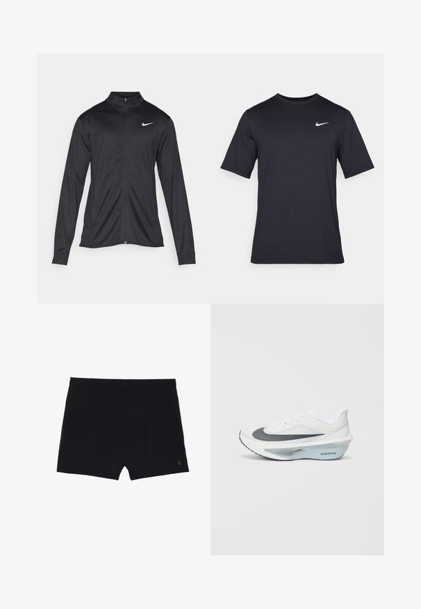 Melna sporta jaka ar garām piedurknēm, apkakli un pilnu rāvējslēdzēju. Uz kreisā krūts augšdaļas ir maigs Nike logo baltā krāsā. Gluda tekstūra.; Melnas īsām piedurknēm Nike t-krekls, izgatavots no gludas auduma, ar baltu swoosh logotipu augšējā kreisajā pusē, apaļu kakla izgriezumu.; Melni sporta šorti ar gludu tekstūru, elastīgu jostu un divām sānu kabatām. Rūpīgi izstrādāta maza logo apakšējā labajā pusē.; Baltas sporta apavs ar pelēku sieta augšdaļu, zilas ZoomX putas vidusdaļā un izliekts zole, kas nodrošina uzlabotu propelēšanu un komfortu.