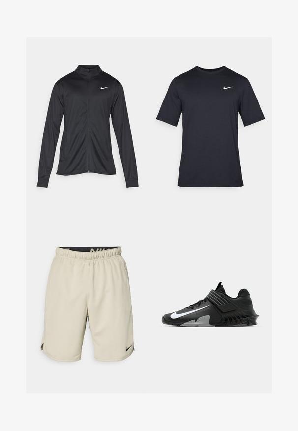 Svart idrettsjakke med lange ermer, krage og full glidelås. Har en subtil Nike-logo i hvitt på øvre venstre bryst. Glatt tekstur.; Svart kortermet Nike t-skjorte laget av glatt stoff, med en hvit swoosh-logo på øvre venstre side, rund hals.; Beige idrettsshorts laget av lett stoff, med elastisk midjebånd, sidespring og en liten svart Nike-logo nederst til venstre.; Sorte joggesko med et strømlinjeformet design, utstyrt med en fremtredende hvit Nike-logo, teksturerte overlegg og en distinkt formet såle.