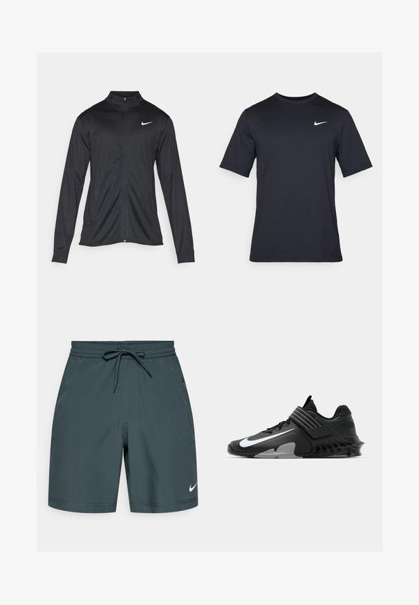 Fekete sportdzseki hosszú ujjal, gallérral és teljes cipzárral. Diszkrét fehér Nike logóval az upper bal mellen. Sima textúra.; Fekete, rövid ujjú Nike póló sima anyagból, fehér swoosh logóval a bal felső oldalon, kerek nyakkivágással.; Férfi sport rövidnadrág, sötétzöld, könnyű anyagból, elasztikus derékrésszel, húzózsinórral és egy kis fehér logóval.; Fekete sportcipők karcsú dizájnnal, feltűnő fehér Nike logóval, textúrázott felületekkel és jellegzetes formázott talppal.