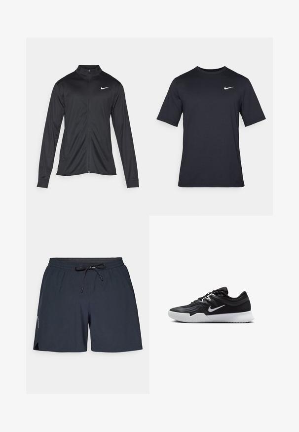 Must värvi sportlik jakk pikkade varrukatega, krae ja täispikk tõmblukk. Ülemises vasakus rinnas on diskreetne valge Nike logo. Sile tekstuur.; Must tume musta Nike t-särk, mis on valmistatud siledast kangast, valge swoosh logo vasakul ülanurgas, ümar kaelus.; Tumed sinised spordilised lühikesed püksid, mis on valmistatud kergest kangast, sisaldavad elastset vöökohta, nööri ja külgiseid liikumise lihtsustamiseks.; Must mustad jalanikesad rikaste ülaservaga, valge Nike swoosh'i ja valge kummist välispõhjaga. Omab paeltega sulgemisdetaili ja dünaamilist kuju.