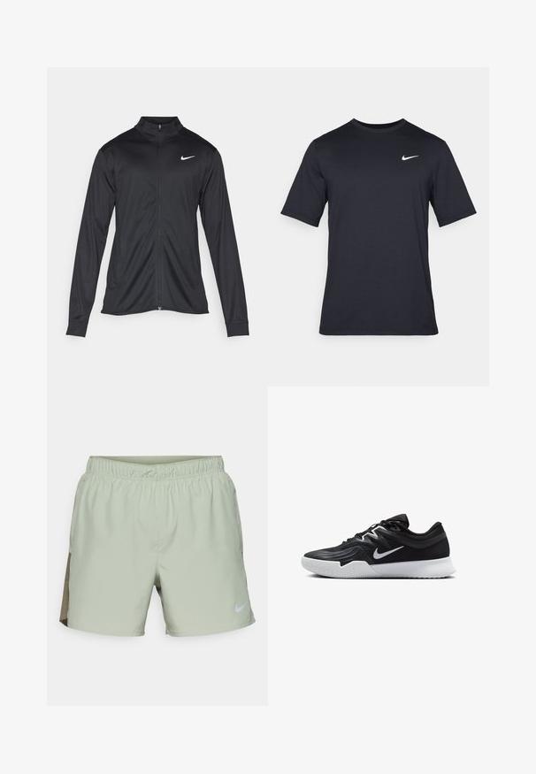 Chaqueta atlética negra con mangas largas, collar y cremallera completa. Presenta un sutil logo de Nike en blanco en la parte superior izquierda del pecho. Textura suave.; Camiseta negra de manga corta de Nike hecha de tela suave, con un logo de swoosh blanco en la parte superior izquierda y cuello cuadrado.; Nike Performance CHALLENGER SHORT - Pantalón corto de deporte - jade horizon/medium olive/black/reflective silver; Zapatilla deportiva negra con parte superior texturizada, logo de Nike en blanco y suela de goma blanca. Tiene un diseño con cordones y una forma dinámica.