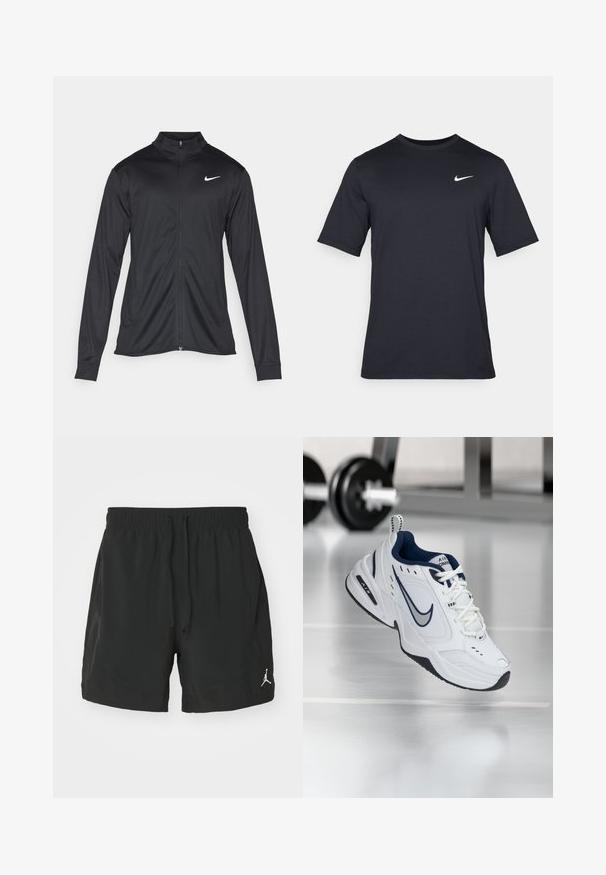 Must värvi sportlik jakk pikkade varrukatega, krae ja täispikk tõmblukk. Ülemises vasakus rinnas on diskreetne valge Nike logo. Sile tekstuur.; Must tume musta Nike t-särk, mis on valmistatud siledast kangast, valge swoosh logo vasakul ülanurgas, ümar kaelus.; Mustad mustad lühikesed püksid, mis on valmistatud kergest kangast. Omavad elastset vöökohta koos stringiga ning väikest valget logo alumisel vasakul küljel.; Valge sportlik king, millel on tumesinine aktsent, võrgusilmast ja nahast ülemine osa, tugevdusvarvas ja must kummist sisetald. Omab eristuvat Nike brändimist.
