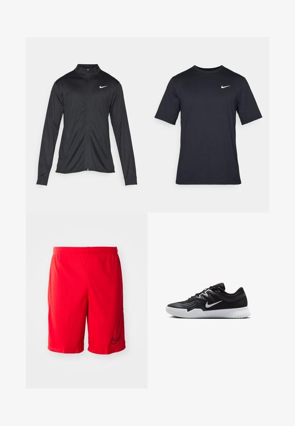 Schwarze Sportjacke mit langen Ärmeln, Kragen und voller Reißverschluss. Verfügt über ein dezentes Nike-Logo in Weiß auf der oberen linken Brust. Glatte Textur.; Schwarzes, kurzärmliges Nike-T-Shirt aus glattem Material, mit einem weißen Swoosh-Logo auf der oberen linken Seite und Rundhalsausschnitt.; Rote Sportshorts aus leichtem Stoff, mit schwarzem Logo-Akzent, elastischem Bund und seitlichen Lüftungsschlitzen für bessere Luftzirkulation.; Schwarzer Sportschuh mit strukturiertem Obermaterial, weißem Nike-Warenzeichen und einer weißen Gummisohle. Verfügt über ein Schnürdesign und eine dynamische Form.