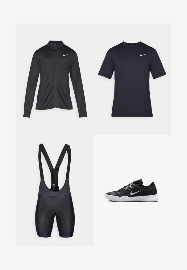 Črna atletska jakna z dolgimi rokavi, ovratnikom in polnim zadrgo. Vključuje diskreten bel Nike logotip na zgornjem levem delu prsnega koša. Gladka tekstura.; Črna kratkotrajna majica Nike iz gladkega materiala, z belim logotipom Swoosh na zgornji levi strani, okrogel izrez.; Črne kolesarske hlače s podloženim ščitnikom za udobje in nastavljivimi naramnicami. Gladka površina in tesen kroj.; Črne atletske čevlje z teksturirano zgornjico, belim Nike znakom in belim gumijastim zunanjim podplatom. Imajo vezalni dizajn in dinamično obliko.