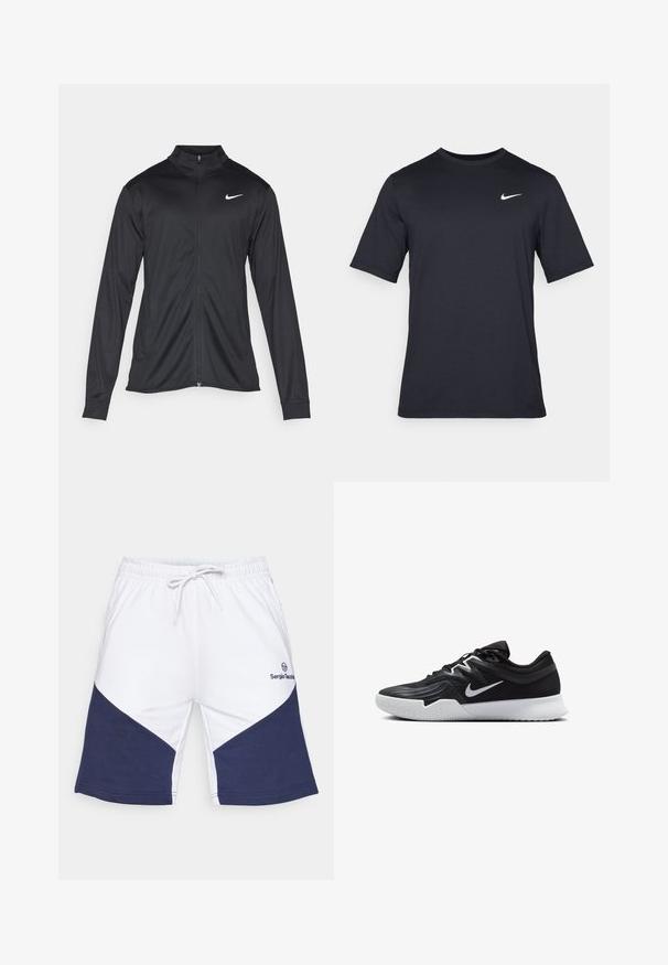 Schwarze Sportjacke mit langen Ärmeln, Kragen und voller Reißverschluss. Verfügt über ein dezentes Nike-Logo in Weiß auf der oberen linken Brust. Glatte Textur.; Schwarzes, kurzärmliges Nike-T-Shirt aus glattem Material, mit einem weißen Swoosh-Logo auf der oberen linken Seite und Rundhalsausschnitt.; Weiße Shorts mit navyblauem Zickzackmuster, elastischem Bund mit Kordelzug und Logo auf der linken Seite. Aus Baumwollmaterial mit glatter Textur.; Schwarzer Sportschuh mit strukturiertem Obermaterial, weißem Nike-Warenzeichen und einer weißen Gummisohle. Verfügt über ein Schnürdesign und eine dynamische Form.