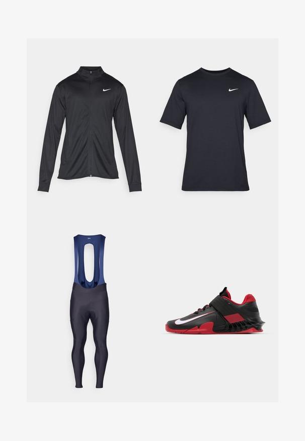 Μαύρο αθλητικό μπουφάν με μακριά μανίκια, γιακά και πλήρη φερμουάρ. Διαθέτει ένα διακριτικό λευκό λογότυπο της Nike στη πάνω αριστερή πλευρά του στήθους. Λείος υφασμάτινος χαρακτήρας.; Μαύρο κοντομάνικο μπλουζάκι Nike από λείο ύφασμα, με λευκό λογότυπο swoosh στην πάνω αριστερή πλευρά, στρογγυλή λαιμόκοψη.; Rapha MENS CORE WINTER WITH PAD - Κολάν - dark navy/navy; Μαύρα και κόκκινα αθλητικά παπούτσια με κομψό σχέδιο, υφασμάτινο πάνω μέρος με υφή, ανθεκτική καουτσούκ σόλα και έντονη λευκή λεπτομέρεια λογότυπου.