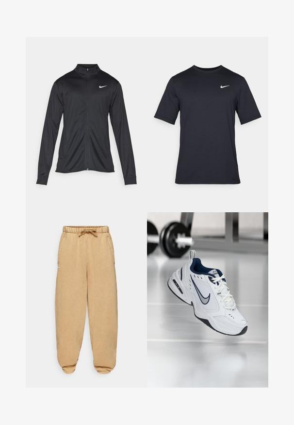 Svart idrettsjakke med lange ermer, krage og full glidelås. Har en subtil Nike-logo i hvitt på øvre venstre bryst. Glatt tekstur.; Svart kortermet Nike t-skjorte laget av glatt stoff, med en hvit swoosh-logo på øvre venstre side, rund hals.; Beige joggebukser laget av myk stoff, med elastisk linning med snor, sidelommer og innsnevrede mansjetter.; Hvit treningssko med marineblå detaljer, overdel i mesh og lær, forsterket tå og svart gummisåle. Har distinkt Nike-merkevare.