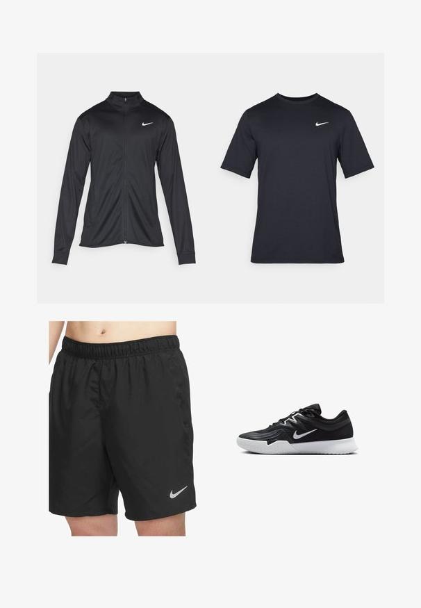 Svart idrottsjacka med långa ärmar, krage och full dragkedja. Har en diskret Nike-logga i vitt på övre vänstra bröstet. Slät yta.; Svart kortärmad Nike t-shirt i slät tyg, med en vit swoosh-logotyp på övre vänstra sidan, rund halsringning.; Svarta träningsshorts i lätt material, med resårmidja och en liten grå Nike-logga nere till höger.; Svarta träningsskor med en texturerad ovandel, vit Nike-logga och en vit gummisula. Har snörningsdesign och en dynamisk form.