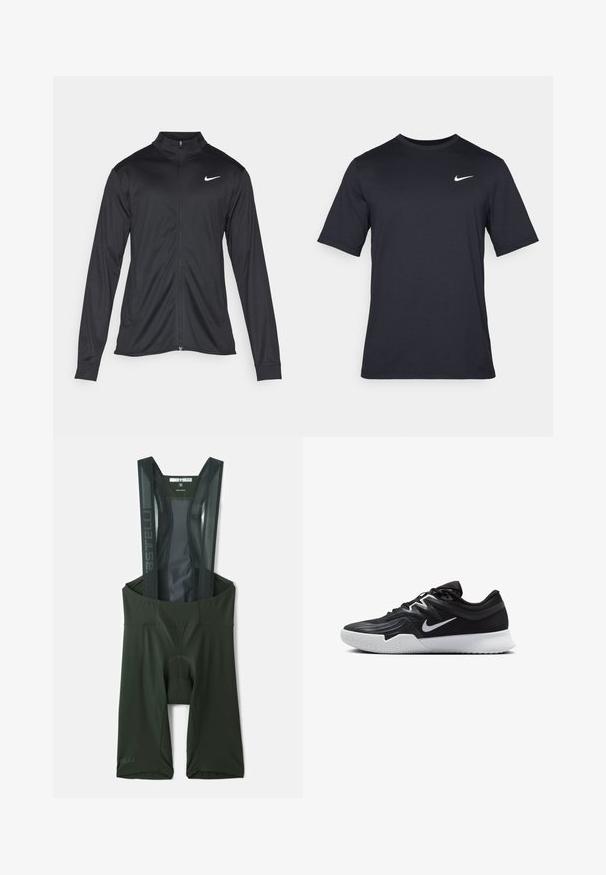 Melna sporta jaka ar garām piedurknēm, apkakli un pilnu rāvējslēdzēju. Uz kreisā krūts augšdaļas ir maigs Nike logo baltā krāsā. Gluda tekstūra.; Melnas īsām piedurknēm Nike t-krekls, izgatavots no gludas auduma, ar baltu swoosh logotipu augšējā kreisajā pusē, apaļu kakla izgriezumu.; Tumši zaļi velosipēda bikses ar sietu siksnām, polsterētu sēdekļa daļu un atstarojošiem akcentiem. Gluda, elastīga auduma struktūra komfortam.; Melni sporta apavi ar teksturētu virsu, balto Nike zulumu un balto gumijas zoli. Iezīmējas ar auklu pievilkšanas dizainu un dinamisku formu.