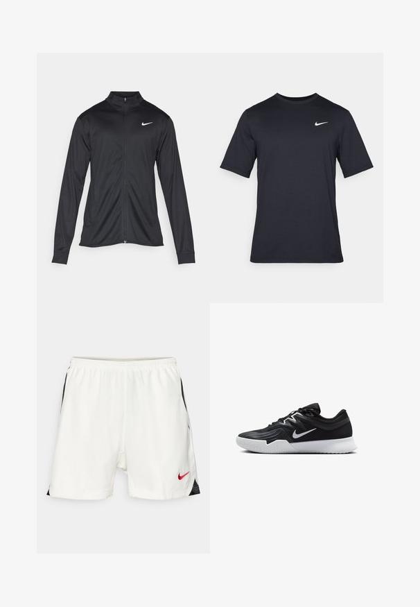 Veste de sport noire à manches longues, avec col et fermeture éclair intégrale. Présente un logo Nike subtil en blanc sur le côté supérieur gauche de la poitrine. Texture lisse.; T-shirt noir à manches courtes Nike en tissu lisse, arborant un logo swoosh blanc sur le côté supérieur gauche, col rond.; Shorts de sport blancs avec des accents noirs sur les côtés, taille élastique et logo Nike rouge sur le bas à l'avant. Tissu lisse et léger.; Chaussure de sport noire avec une tige texturée, un swoosh blanc de Nike et une semelle extérieure en caoutchouc blanc. Elle présente un design à lacets et une forme dynamique.