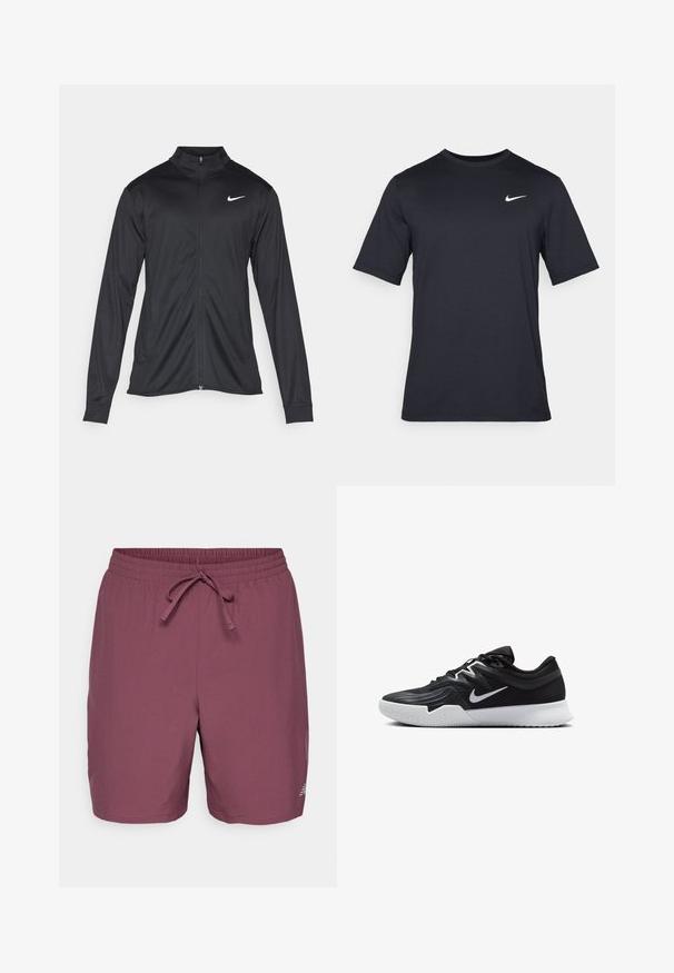 Čierna športová bunda s dlhými rukávmi, golierom a plným zipsom. Obsahuje nenápadné logo Nike v bielej farbe na hornej ľavej hrudi. Hladká textúra.; Čierne tričko s krátkym rukávom značky Nike z hladkého materiálu, s bielym logom swoosh na pravej hornej strane, okrúhly výstrih.; Bordové plavky vyrobené z ľahkého materiálu, s elastickým pásom a šnúrkou na stiahnutie. Malá logo nášivka na spodnej strane.; Čierna športová topánka s textúrovaným zvrškom, bielym logom Nike a bielou gumovou podrážkou. Má šnurovací dizajn a dynamický tvar.