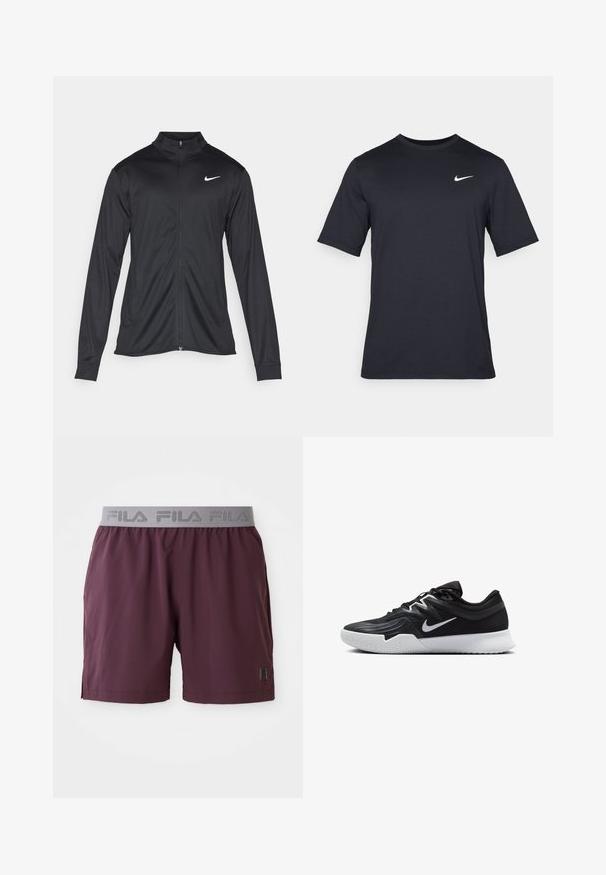 Musta urheilutakki pitkillä hihoilla, kauluksella ja kokonaisella vetoketjulla. Täydentää hienovarainen Nike-logo valkoisena vasemmassa ylärinnassa. Litteä pinta.; Mustan lyhythihainen Nike-t-paita, joka on valmistettu sileästä kankaasta ja jossa on valkoinen swoosh-logo vasemmassa yläkulmassa, pyöreä kaula-aukko.; Tummanpunaiset urheilushortsit kevyestä kankaasta, joissa on harmaa joustovarsivyö ja "FILA" -logo sekä sivutaskut.; Musta urheilukenkä, jossa on teksturoitu päällinen, valkoinen Nike-tikkaus ja valkoinen kumipohja. Kenkässä on nauhakuji ja dynaaminen muoto.