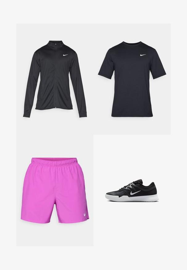 Musta urheilutakki pitkillä hihoilla, kauluksella ja kokonaisella vetoketjulla. Täydentää hienovarainen Nike-logo valkoisena vasemmassa ylärinnassa. Litteä pinta.; Mustan lyhythihainen Nike-t-paita, joka on valmistettu sileästä kankaasta ja jossa on valkoinen swoosh-logo vasemmassa yläkulmassa, pyöreä kaula-aukko.; Vaaleanpunaiset urheilushortsit, joissa on joustava vyötärö, sileä pinta ja pieni valkoinen Nike-logo alareunassa.; Musta urheilukenkä, jossa on teksturoitu päällinen, valkoinen Nike-tikkaus ja valkoinen kumipohja. Kenkässä on nauhakuji ja dynaaminen muoto.