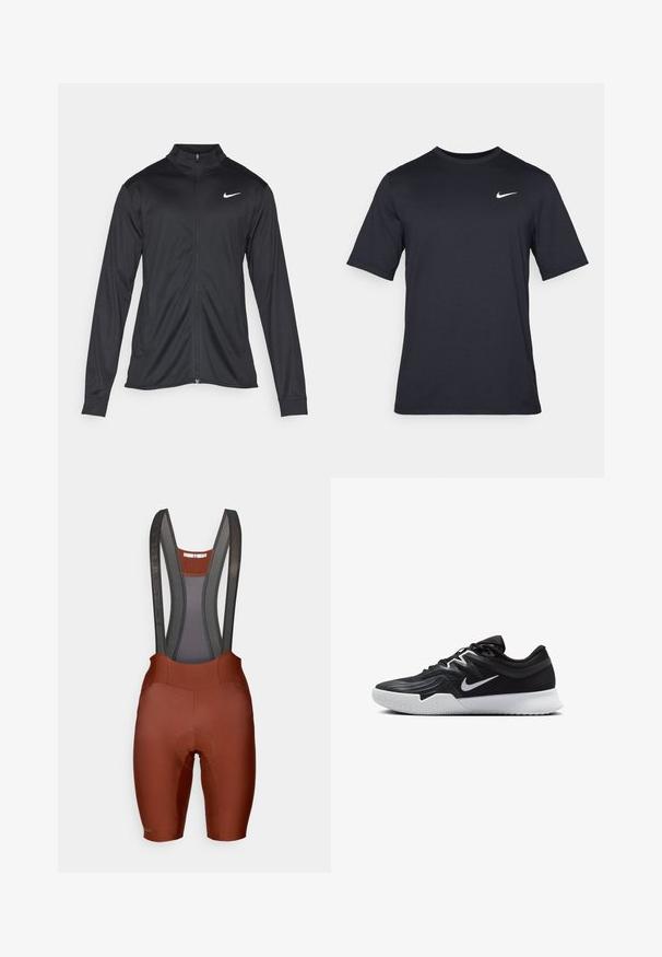 Sort atletisk jakke med lange ærmer, krave og fuld lynlås. Har et diskret Nike-logo i hvidt på den øverste venstre side af brystet. Glat tekstur.; Sort kortærmet Nike t-shirt lavet af glat stof, med et hvidt swoosh-logo på øverste venstre side, rund halsudskæring.; Brune bibshorts med mesh-stropper, polstret sæde og kontrasterende syninger. Glat tekstureret stof, skræddersyet pasform til cykling.; Sort atletiksko med en tekstureret overdel, hvid Nike swoosh og en hvid gummisål. Har en snørret design og dynamisk form.