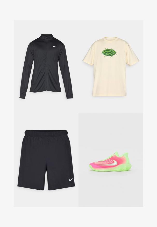 Must värvi sportlik jakk pikkade varrukatega, krae ja täispikk tõmblukk. Ülemises vasakus rinnas on diskreetne valge Nike logo. Sile tekstuur.; Hele beež T-särk lühikeste varrukatega, mille keskel on roheline ovaalne graafika Nike swoosh'iga, mida ümbritsevad stiliseeritud okkad.; Mustad mustikud lühikesed püksid, mis on valmistatud kergest materjalist ja millel on elastne vöökoht. Alumisel vasakul küljel on väike valge Nike logo.; Neoonroosa ja -roheline sportjalanõud tekstuuriga pealsega, laineline tallaga ja peegelviimistlusega hõbedaste detailidega. Lukuühendus on integreeritud disaini.