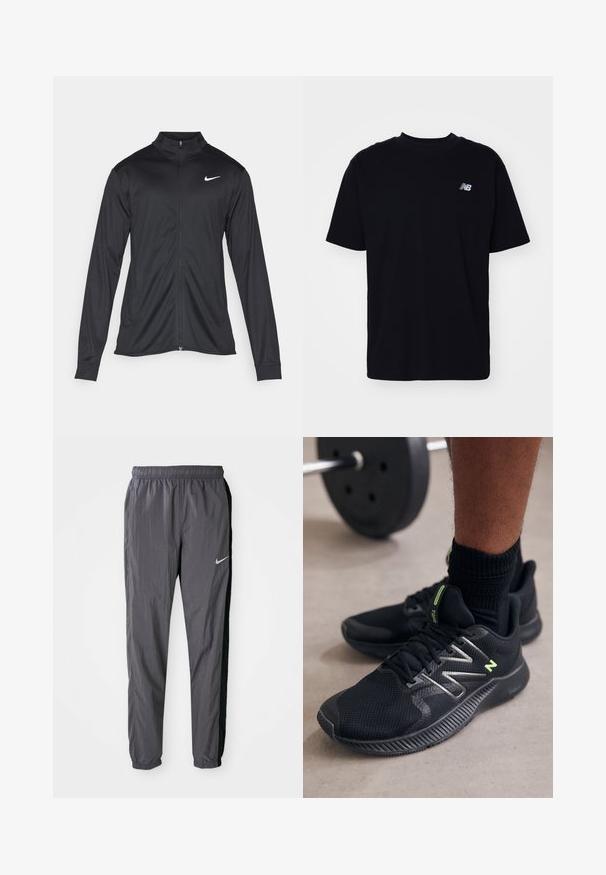 Musta urheilutakki pitkillä hihoilla, kauluksella ja kokonaisella vetoketjulla. Täydentää hienovarainen Nike-logo valkoisena vasemmassa ylärinnassa. Litteä pinta.; Mustapaitainen puuvillapaita, jossa on pyöreä kaula-aukko, lyhyet hihat ja pieni kohokuvioitu logo vasemmassa rinnassa. Klassinen malli ja sileä pinta.; Nike juoksuhousut, kevyestä kankaasta, tummanharmaana mustilla sivupaneeleilla. Varustettu elastisella vyötäröllä ja heijastavalla logolla.; Musta liikuntakenkä, joka on valmistettu verkosta ja synteettisistä materiaaleista. Kenkä on varustettu heijastavilla yksityiskohdilla ja kumipohjalla, jossa on karhennettu pito.