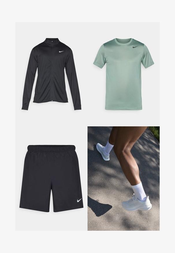 Crna sportska jakna s dugim rukavima, ovratnikom i punim patentnim zatvaračem. Ima suptilan Nike logo u bijeloj boji na gornjem lijevom dijelu prsne oznake. Glatka tekstura.; Svijetlozelena Nike majica, kratki rukavi, okrugli izrez, glatke teksture, s suptilnim gradijentom i crnim swoosh logotipom na lijevom ramenu.; Crne atletske kratke hlače od laganog materijala s elastičnom tačkom. Imaju mali bijeli Nike logo na donjoj lijevoj strani.; Bijela atletska obuća s teksturiranim gornjim dijelom, vezicama i podstavljenim potplatom, uparen s bijelim čarapama do gležnja, postavljenim na sivoj betonskoj podlozi.